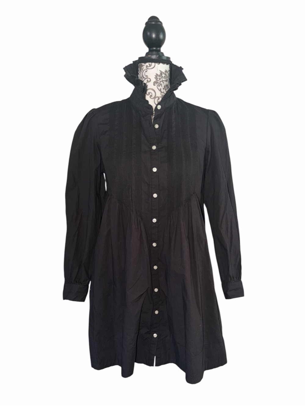 Trovata birds of paradis Black Ruffled Victorian Collar Button-Front Dress